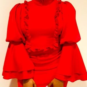 Red high neck pleated puff sleeve dress